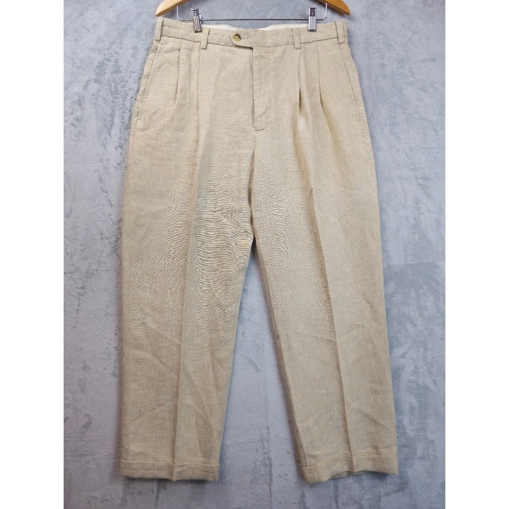 Jos A Bank Pants Men 34x29 Khaki Linen Slacks Pleated Preppy Old Money Beach Ivy